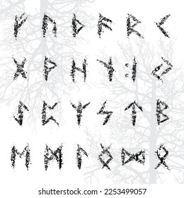 Old runic letters isolated on white background. Grunge ink blots Scandinavian and Icelandic symbols set with tree branches texture