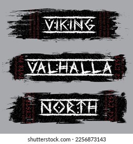 Old runic letters isolated on black background. Grunge ink blots Scandinavian and Icelandic symbols set. Victory text word  for Norse design