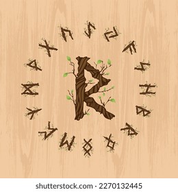 Old runic letters isolated on black background. Wooden branches Scandinavian and Icelandic symbols set. Tree leaves and texture rune symbols