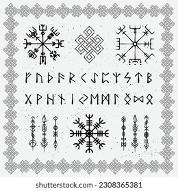 Old runic letters isolated on white background. Scandinavian symbols and pattern. Viking mythology signs with Vegvisir and helm of Awe