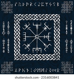 Viejas letras rúdicas aisladas en fondo blanco. Símbolos y patrones escandinavos. Viking de signos mitológicos con Vegvisir y Vegvisir