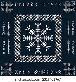 Old runic letters isolated on white background. Scandinavian symbols and pattern. Viking mythology signs with Vegvisir and Helm of Awe