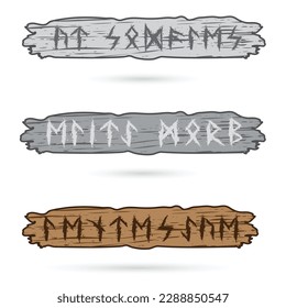 Old runic letters with wooden pieces isolated on white background. Grunge ink blots Scandinavian and Icelandic symbols set. Victory text word  for Norse design