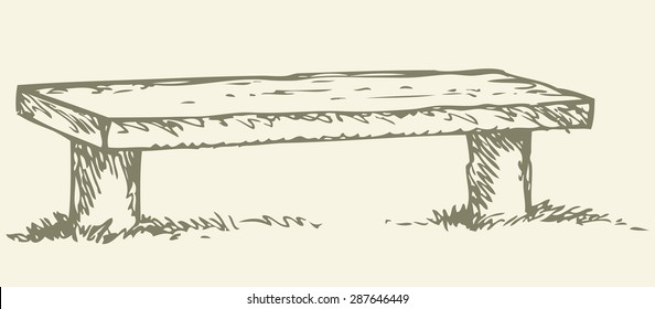 Old rural bench. Vector monochrome freehand linear ink drawn backdrop sketchy in art scribble antique style pen on paper with space for text on sky