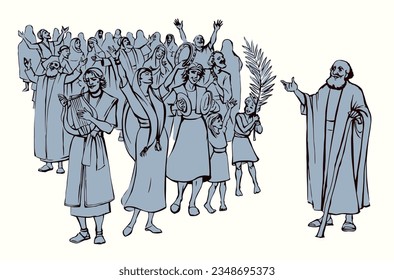 Old rural bible east city town Purim feast party holy joy smile jewish girl child kid friend god prayer Arab male guy hand string player meet folk band pray hit timbrel sound biblic graphic vector art