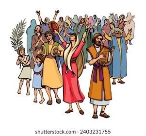 Old rural bible east city town Purim feast party holy joy smile jewish girl child kid friend god prayer Arab male guy hand string player meet folk band pray hit timbrel sound biblic graphic vector art