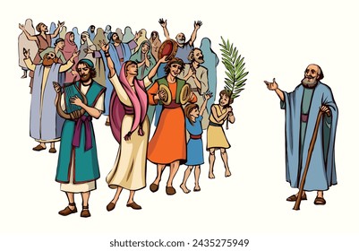 Old rural bible east city town Purim feast party holy joy smile jewish girl child kid friend god prayer Arab male guy hand string player meet folk band pray hit timbrel sound biblic graphic vector art