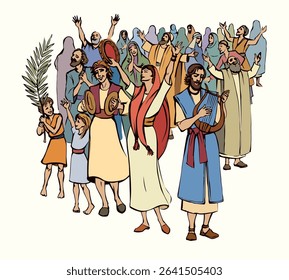 Old rural bible east city town Purim feast party holy joy smile jewish girl child kid friend god prayer Arab male guy hand string player meet folk band pray hit timbrel sound biblic graphic vector art