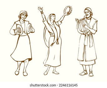 Old rural bible east Purim party joy young jewish female girl human friend god. Arab jew male guy dancer hand string arm folk band hit loud timbrel praise biblic Israel worship retro cartoon art style