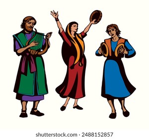 Vieja biblia rural este Purim partido alegría joven judía mujer humana amiga dios. Árabe judío hombre hombre bailarín brazo de la mano brazo de la banda folk golpeó fuerte timbrel elogio bíblico Israel adoración retro estilo de arte de dibujos animados