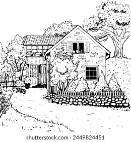 Old rural cottage with yard hand drawn sketch. Cute antique house with tile roof, flower pot on window, garden trees, clothesline and dog. Country road and cottage core scene architecture line art.