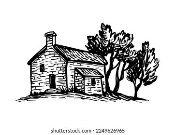 Old rural house. Hand drawn ink sketch.