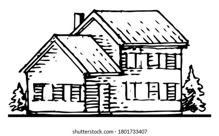 Old Rural House Outline Hand Drawing Stock Vector (Royalty Free ...