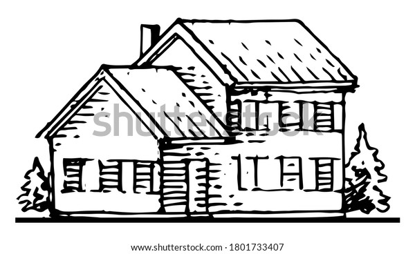 Old Rural House Outline Hand Drawing Stock Vector (Royalty Free ...