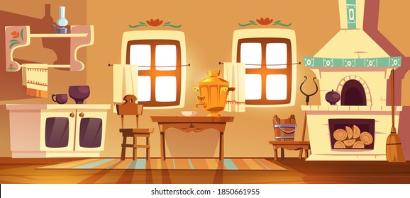 Old Rural Russian Kitchen Oven, Samovar, Table, Chair And Grip. Vector Cartoon Interior Of Traditional Ukrainian Ancient House With Stove, Wooden Furniture, Broom And Oil Lamp