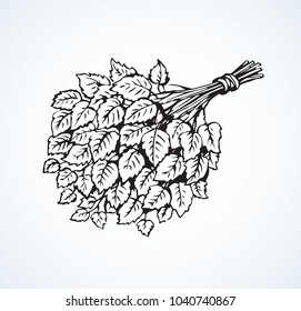 Old rural warm wet cleansing oak tree tool on white banya backdrop. Freehand line black ink hand drawn spa water vaporarium body object care logo sign sketch in art retro doodle style pen on paper