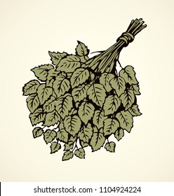 Old rural warm wet cleansing oak tree tool on white banya backdrop. Freehand line green ink hand drawn spa water vaporarium body object care logo sign sketch in art retro doodle style pen on paper