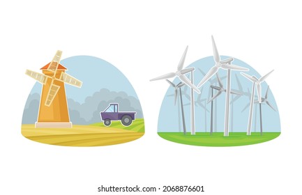 Old rural windmill. Alternative source of energy vector illustration