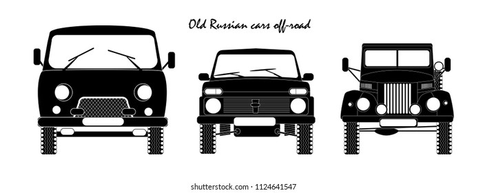 Old Russian cars off-road front view, black-white vector illustration