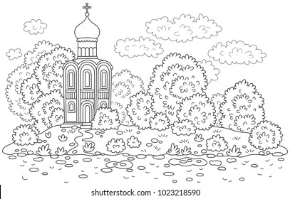 Old Russian church on an island, a black and white vector illustration for a coloring book