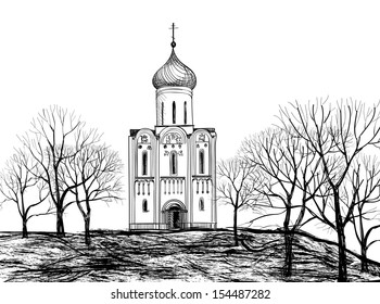 Old Russian Church. Old russian town landscape hand drawn vector illustration.  The Golden Ring of Russia. 