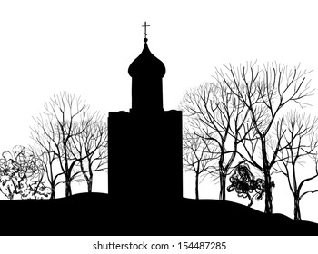 Old Russian Church. Old russian town landscape hand drawn vector illustration.  The Golden Ring of Russia. 