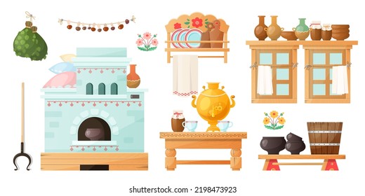 Viejas ilustraciones vectoriales de elementos de cabaña rusas. Interior de casa de campo, elementos de cocina rural, samovar sobre mesa de madera, estufa tradicional sobre fondo blanco. Rusia, concepto de cultura