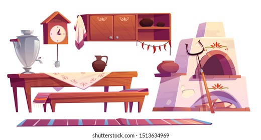 Old russian interior for kitchen. Traditional stove, wooden table, bench, cuckoo-clock, samovar, grip, shelf with pots, jug for milk, rag set isolated on white background. Cartoon vector illustration
