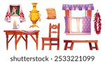 Old Russian kitchen furniture set isolated on white background. Vector cartoon illustration of carved wooden table, chair and bench, curtains on window, samovar and pancakes on plate, candle and icon