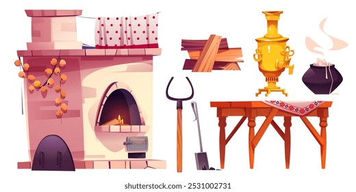 Antigua cocina rusa en el interior. Casa de campo para pueblo. Mesa de madera, cocina gachas en olla, samovar y tronco para la ilustración de la sala de estar rural pobre. Casa tradicional con estufa