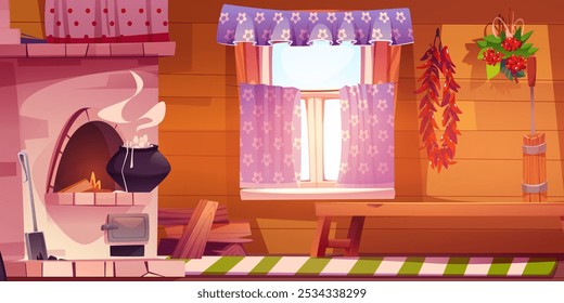 Old Russian kitchen interior with furniture. Vector cartoon illustration of wooden bench, curtains on window, hot food boiling in oven, pile of firewood and clean rag on floor, cozy village house