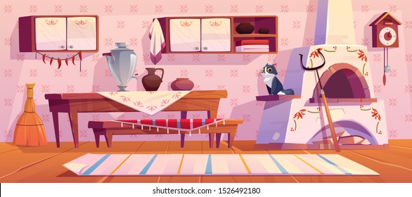 Old russian kitchen interior with traditional stove, wooden table, bench, cuckoo-clock, samovar, grip, shelf with pots, jug for milk, rag on floor and cat. Rural room decor Cartoon vector illustration