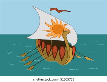 The Old Russian military ship floats in the sea on oars and under sails