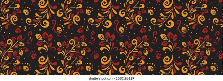 Old Russian ornament Hohloma in red and gold colors seamless pattern. Vector Floral Slavic traditional decoration motive. For cards, fabric, textiles, clothing, packaging.