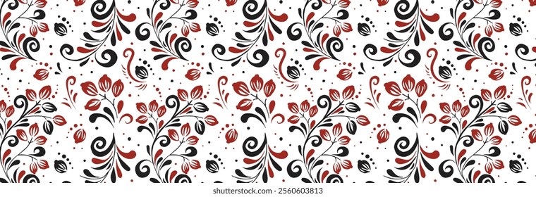 Old Russian ornament Hohloma in red and gold colors seamless pattern. Vector Floral Slavic traditional decoration motive. For cards, fabric, textiles, clothing, packaging.