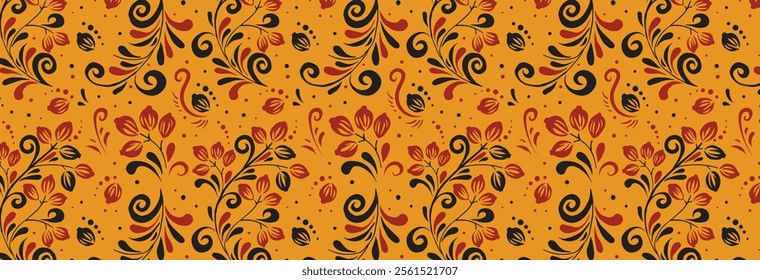 Old Russian ornament Hohloma in red and gold colors seamless pattern. Vector Floral Slavic traditional decoration motive. For cards, fabric, textiles, clothing, packaging.