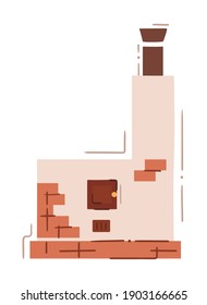 Old russian oven with crumbling bricks - simple hand drawn picture. Traditional slavic stove but need in repair. Simple isolated vector on white background, cartoon style