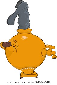 Old Russian samovar and boot. Cartoon