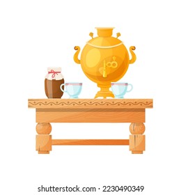 El antiguo samovar ruso sobre la mesa de la ilustración vectorial de madera. Casa de campo interior, cocina rural con tazas, leche y té aislados en fondo blanco. Rusia, concepto de cultura.