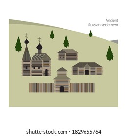Old Russian settlement vector illustration. Flat style architectural design.
