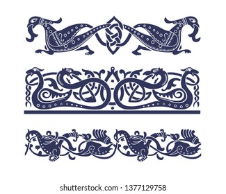 Old Russian, Slavic, Celtic style ornament. Seamless ornate knot borders with fantasy animals.