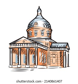Old russian temple drawn in line art style. Orthodox church in classical Greek style