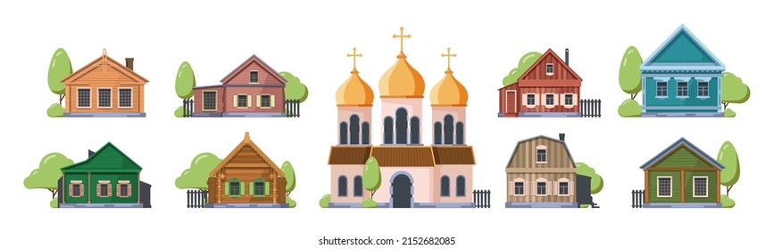 Old russian village. Wooden row houses traditional authentic style vintage ussr construction garish vector buildings set
