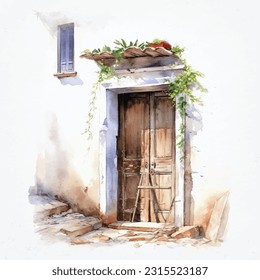 Old rustic door of the house, watercolor style