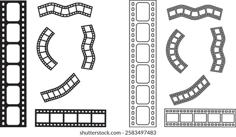 Old rustic movie film textured effect horizontal black line and flat vector isolated on transparent background or wallpaper with borders as movie or retro camera reel design on both sides image.