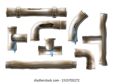 Old, rustic sewing pipes with water leaking from cracks and holes set. Damaged by corrosion water supply system metal pipeline bolted, fastened connections isolated, 3d realistic vector illustrations