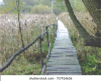 Old rustic wooden bridge through thickets of reeds. Pattern for embroidery designs with beads or a cross. Template for embroidery schemes by bisser.