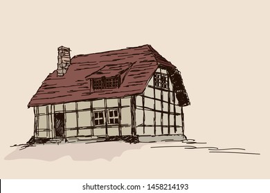 Old rustic wooden house in the mountains. Drawing sketch isolated on beige background.