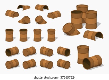 Old rusty barrels. 3D lowpoly isometric vector illustration. The set of objects isolated against the white background and shown from different sides