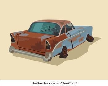 Old Rusty Broken Car. Vector Flat Cartoon Illustration